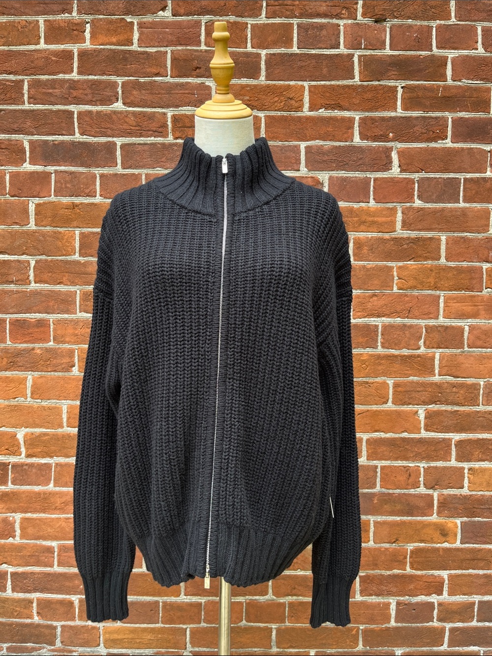 White + Warren Black Chunky Knit Zip Cardigan
